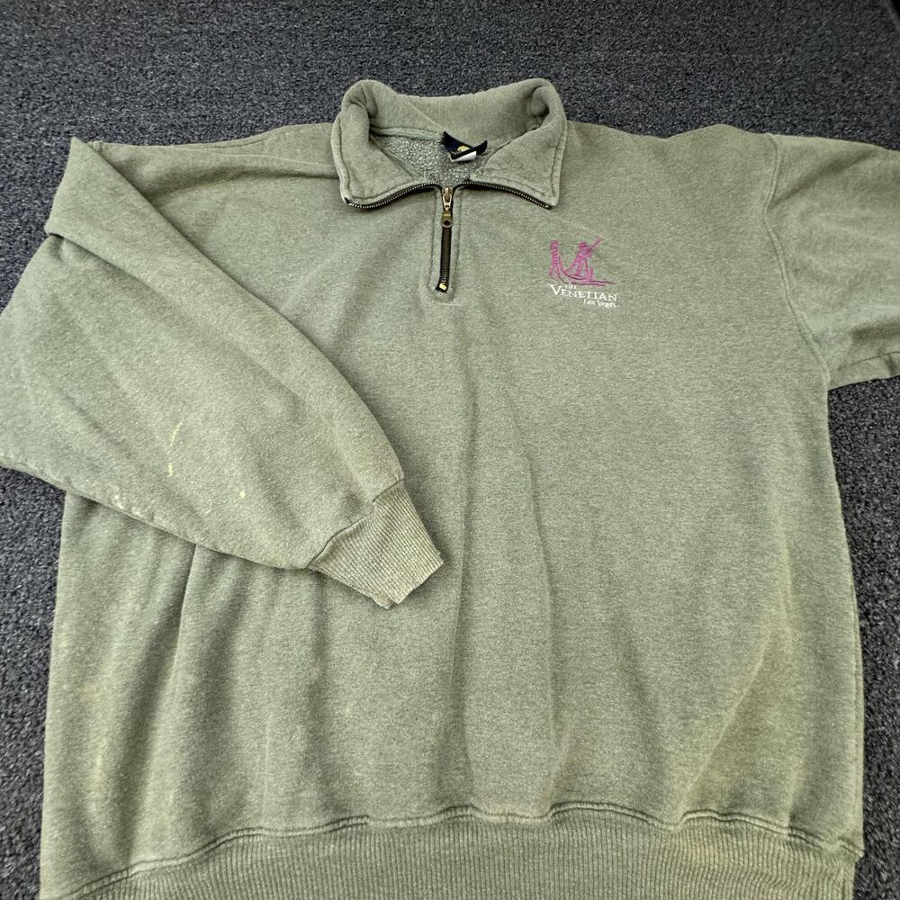 Vtg The Venetian Sweatshirt Mens L Green Pullover Mock Neck Lined Fleece Zip